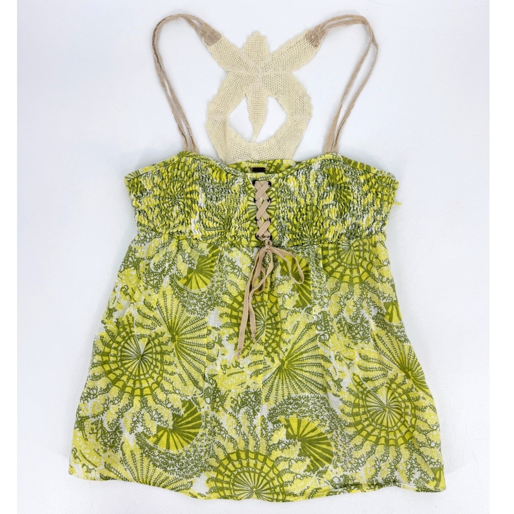 Free People Women's Green Linen Blend Crochet Butterfly Boho Cami Top Fairy Y2K